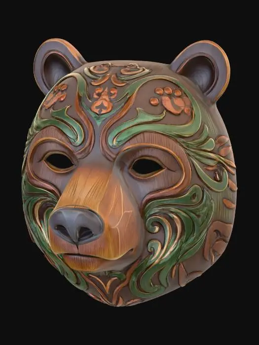 3D model for A vibrant, intricately carved wooden mask depicting a stylized bear, painted in an earthy palette of rich umber, mossy green, and stone grey. The wood texture is subtly visible beneath the matte, distressed paint finish, highlighting the robust structure of its head and the calm strength in its features. Adorned with paw print emblems around its forehead and swirling forest patterns along its jowls, it exudes an ancient, guardian aura.