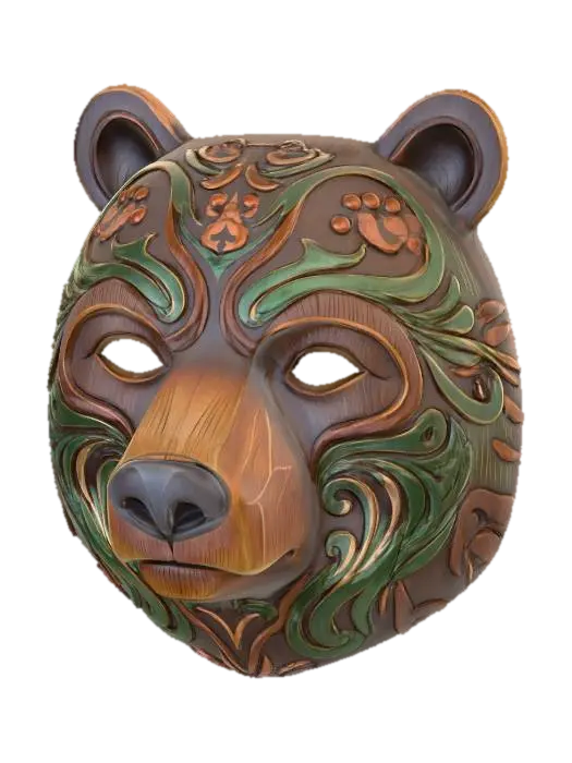 3D model for A vibrant, intricately carved wooden mask depicting a stylized bear, painted in an earthy palette of rich umber, mossy green, and stone grey. The wood texture is subtly visible beneath the matte, distressed paint finish, highlighting the robust structure of its head and the calm strength in its features. Adorned with paw print emblems around its forehead and swirling forest patterns along its jowls, it exudes an ancient, guardian aura.