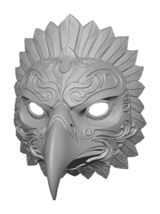 3D model for A vibrant, intricately carved wooden mask depicting a stylized eagle, painted in a noble palette of rusted bronze, sky blue, and stark white. The wood texture is subtly visible beneath the matte, distressed paint finish, highlighting the commanding curve of its beak and the intensity of its stare. Adorned with stylized feather patterns radiating from its head and soaring wind motifs along its cheeks, it exudes an ancient, powerful aura.
