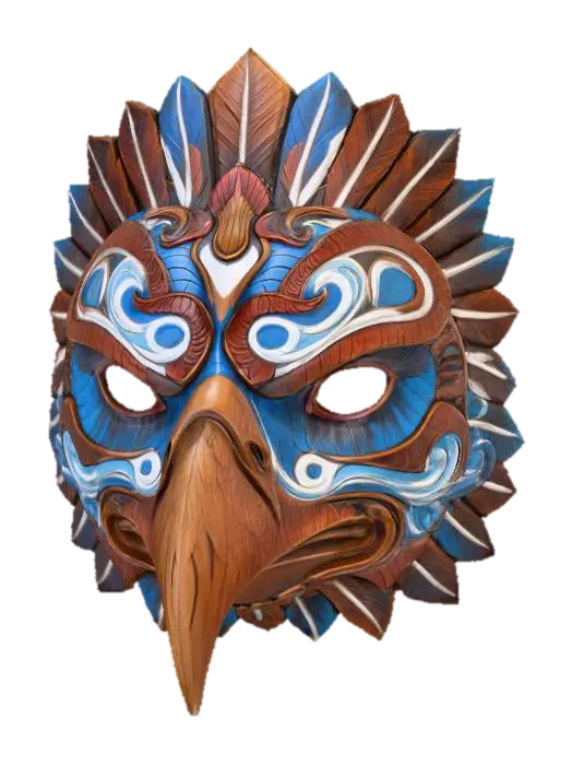 3D model for A vibrant, intricately carved wooden mask depicting a stylized eagle, painted in a noble palette of rusted bronze, sky blue, and stark white. The wood texture is subtly visible beneath the matte, distressed paint finish, highlighting the commanding curve of its beak and the intensity of its stare. Adorned with stylized feather patterns radiating from its head and soaring wind motifs along its cheeks, it exudes an ancient, powerful aura.