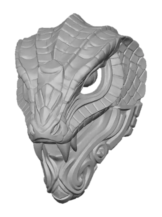 3D model for A vibrant, intricately carved wooden mask depicting a stylized serpent, painted in a striking palette of obsidian black, venomous green, and metallic bronze. The wood texture is subtly visible beneath the matte, distressed paint finish, highlighting the sinuous curves of its body and the piercing intensity of its gaze. Adorned with scaled motifs across its headpiece and abstract tribal patterns along its jawline, it exudes an ancient, potent aura.