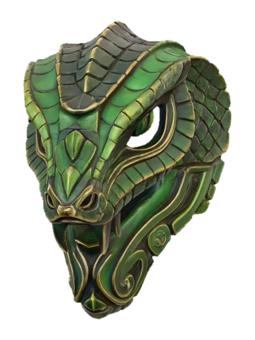 3D model for A vibrant, intricately carved wooden mask depicting a stylized serpent, painted in a striking palette of obsidian black, venomous green, and metallic bronze. The wood texture is subtly visible beneath the matte, distressed paint finish, highlighting the sinuous curves of its body and the piercing intensity of its gaze. Adorned with scaled motifs across its headpiece and abstract tribal patterns along its jawline, it exudes an ancient, potent aura.