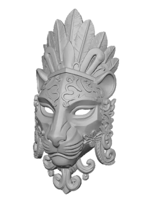 3D model for A vibrant, intricately carved wooden mask depicting a stylized jaguar, painted in a palette of deep teal, fiery orange, and lush emerald green. The wood texture is subtly visible beneath the matte, distressed paint finish, highlighting the sharp edges and gentle curves of its ceremonial features. Adorned with feather-like motifs around the headpiece and swirling floral patterns along the cheeks, it exudes an ancient, mystical aura.