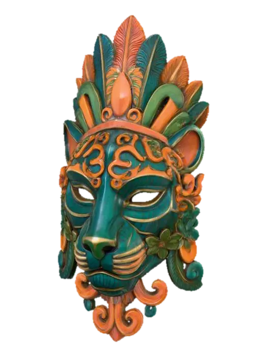 3D model for A vibrant, intricately carved wooden mask depicting a stylized jaguar, painted in a palette of deep teal, fiery orange, and lush emerald green. The wood texture is subtly visible beneath the matte, distressed paint finish, highlighting the sharp edges and gentle curves of its ceremonial features. Adorned with feather-like motifs around the headpiece and swirling floral patterns along the cheeks, it exudes an ancient, mystical aura.