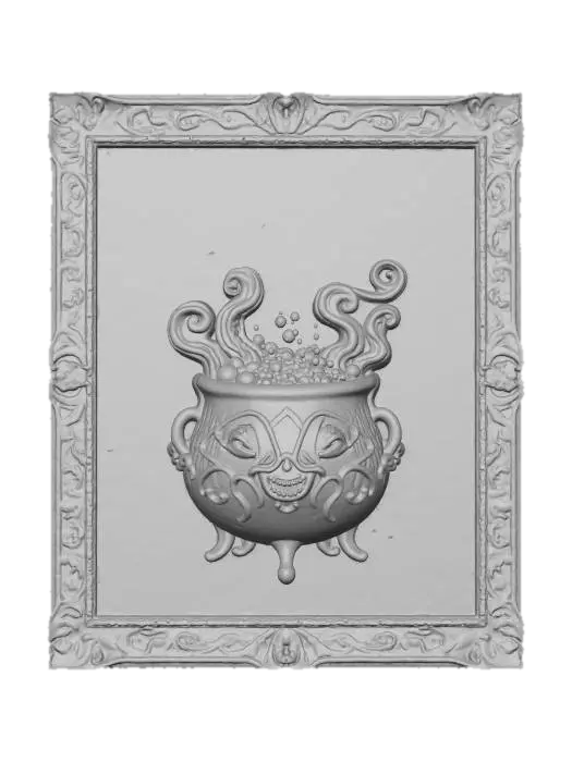 3D model for #Halloween2025#, A richly colored painting illustrating a witch's cauldron bubbling with an iridescent green potion in a dense, moonlit forest clearing. From the swirling depths of the potion, a pair of intensely glowing, malevolent yellow eyes bulge slightly from the canvas, staring directly outwards. This captivatingly eerie artwork is presented within a lavish antique gold frame, adorned with elaborate filigree work and subtle, intricate skull patterns along its borders.