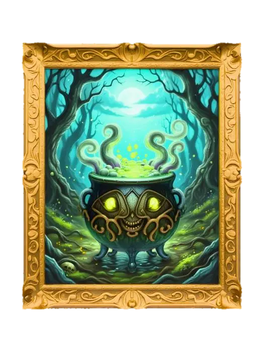 3D model for #Halloween2025#, A richly colored painting illustrating a witch's cauldron bubbling with an iridescent green potion in a dense, moonlit forest clearing. From the swirling depths of the potion, a pair of intensely glowing, malevolent yellow eyes bulge slightly from the canvas, staring directly outwards. This captivatingly eerie artwork is presented within a lavish antique gold frame, adorned with elaborate filigree work and subtle, intricate skull patterns along its borders.
