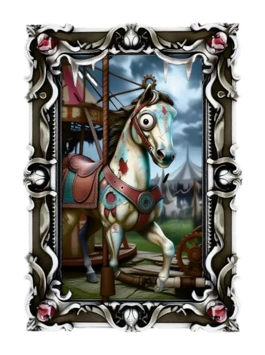 3D model for #Halloween2025#, A painting of a dilapidated, creaking carousel at midnight in an abandoned carnival, its painted horses appearing eerily lifelike. One of the carousel horses' eyes, a glassy, vacant sphere, bulges disturbingly from the canvas, reflecting the sparse, spectral light. The entire piece is encased in an elaborate pewter frame, sculpted with intricate filigree, miniature grinning clown faces, and intertwined, decaying ribbons and bells.