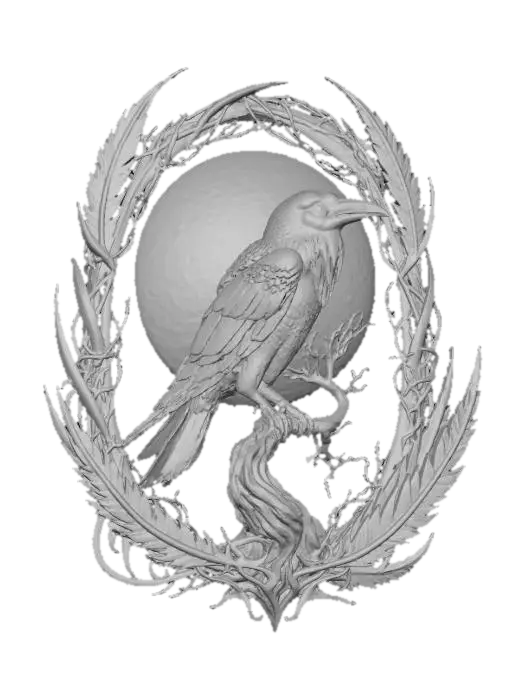 3D model for #Halloween2025#, A painting depicts a raven perched on a gnarled, leafless tree branch silhouetted against a blood-red moon. From the raven's eye, a single, glowing red orb, textured with a pulsating, vein-like pattern, protrudes subtly, casting an eerie light. This unsettling scene is encircled by an intricately sculpted frame of blackened steel, adorned with sharp, stylized crow feathers and interwoven with delicate, razor-thin barbed wire patterns.