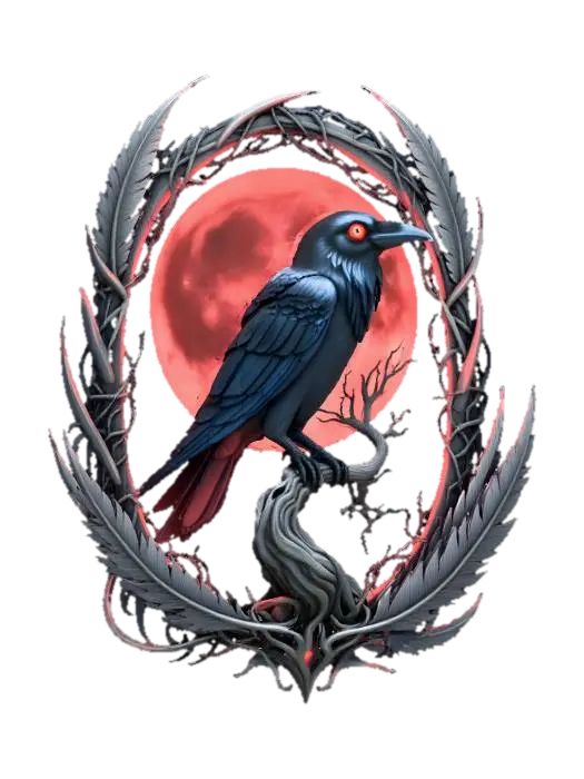 3D model for #Halloween2025#, A painting depicts a raven perched on a gnarled, leafless tree branch silhouetted against a blood-red moon. From the raven's eye, a single, glowing red orb, textured with a pulsating, vein-like pattern, protrudes subtly, casting an eerie light. This unsettling scene is encircled by an intricately sculpted frame of blackened steel, adorned with sharp, stylized crow feathers and interwoven with delicate, razor-thin barbed wire patterns.