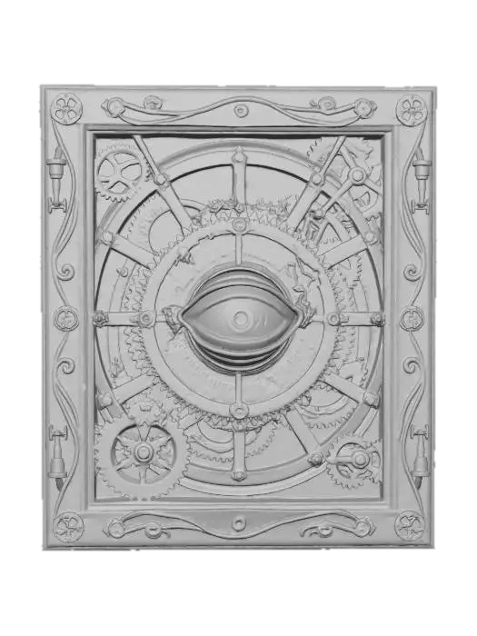 3D model for A painting of a grand, yet decaying, clock tower interior, its giant gears and pendulums slowly grinding to a halt, bathed in an unnatural green luminescence. From the central clock face, a human-like, bionic eye, with a whirring iris of finely crafted brass and steel, protrudes unnervingly from the canvas. This unsettling vision is presented in a luxurious, dark wood frame adorned with brass inlays of intricate cog patterns, miniature ornate compass roses, and tiny, functional-looking steam whistles.