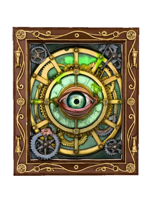 3D model for A painting of a grand, yet decaying, clock tower interior, its giant gears and pendulums slowly grinding to a halt, bathed in an unnatural green luminescence. From the central clock face, a human-like, bionic eye, with a whirring iris of finely crafted brass and steel, protrudes unnervingly from the canvas. This unsettling vision is presented in a luxurious, dark wood frame adorned with brass inlays of intricate cog patterns, miniature ornate compass roses, and tiny, functional-looking steam whistles.