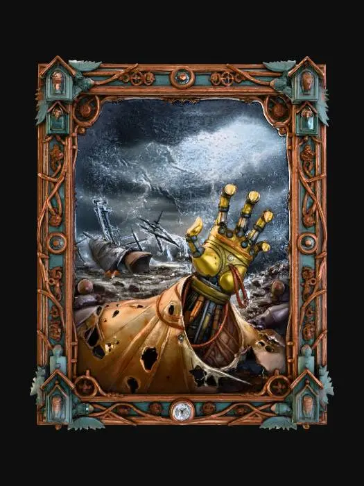 3D model for A dramatic painting shows a swirling, tempestuous sky over a Victorian airship graveyard, where steam-powered vessels lie broken amidst lightning. From the torn fabric of a deflated airship's envelope, a clawed, mechanical hand, built from articulated brass segments and intricate cabling, rips through the canvas, reaching outwards. The frame is a masterpiece of aged copper and iron, featuring intertwined dirigible struts, delicate clockwork mechanisms, and a series of miniature, ominous-looking cuckoo clock bird heads.