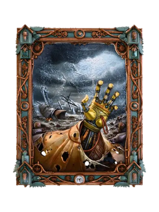 3D model for A dramatic painting shows a swirling, tempestuous sky over a Victorian airship graveyard, where steam-powered vessels lie broken amidst lightning. From the torn fabric of a deflated airship's envelope, a clawed, mechanical hand, built from articulated brass segments and intricate cabling, rips through the canvas, reaching outwards. The frame is a masterpiece of aged copper and iron, featuring intertwined dirigible struts, delicate clockwork mechanisms, and a series of miniature, ominous-looking cuckoo clock bird heads.