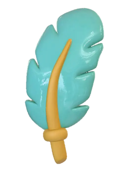 3D model for A charming, stylized 3D model of the Feather of Ma'at, depicted as a cute, plump amulet in a chibi clay style. The feather is a smooth, matte light teal, with rounded, simplified barbs and a chunky central quill. The base of the quill and a small accent band are rendered in matte golden-yellow, showcasing the typical color palette. It appears like a carefully crafted and polished clay charm, under soft, diffused lighting.