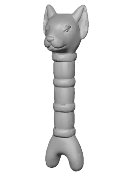 3D model for A cute, stylized 3D render of an Egyptian Was Scepter, designed with a rounded, inviting chibi clay aesthetic. The staff is a smooth, matte golden-yellow, with a subtle texture of molded clay or resin. Its distinctive forked base and stylized animal head top are chunky and rounded. Light teal accent bands adorn sections of the staff, adding a pop of color, highlighted by soft, diffused lighting against a dark, neutral backdrop.