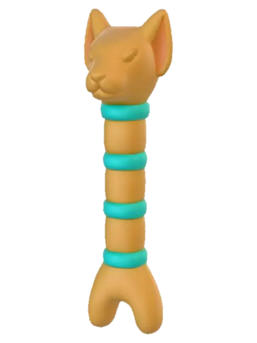 3D model for A cute, stylized 3D render of an Egyptian Was Scepter, designed with a rounded, inviting chibi clay aesthetic. The staff is a smooth, matte golden-yellow, with a subtle texture of molded clay or resin. Its distinctive forked base and stylized animal head top are chunky and rounded. Light teal accent bands adorn sections of the staff, adding a pop of color, highlighted by soft, diffused lighting against a dark, neutral backdrop.