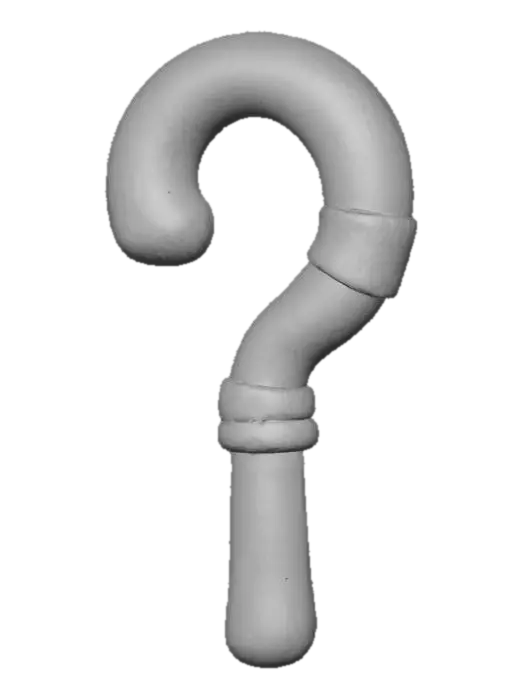 3D model for A cute, stylized 3D render of an Egyptian crook, a symbol of pharaonic power, designed with a rounded, inviting chibi clay aesthetic. The staff is a smooth, matte golden-yellow, with a subtle clay texture. Its curved top is thick and invitingly rounded, while the straight shaft is robust and simplified. Light teal accent bands adorn sections of the staff, adding a pop of color, highlighted by soft, diffused lighting.