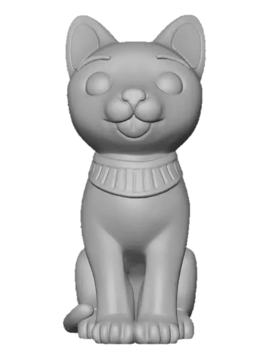 3D model for A cute, stylized 3D render of a chibi Bastet cat goddess statue, with a distinct clay model aesthetic. Her body is a smooth, matte black with rounded, adorable limbs and a graceful, seated pose. The head is simplified with charming golden-yellow ears and snout, and innocent, round eyes. The texture implies a carefully sculpted and smoothed clay figure, with soft lighting highlighting its sweet demeanor and polished finish.