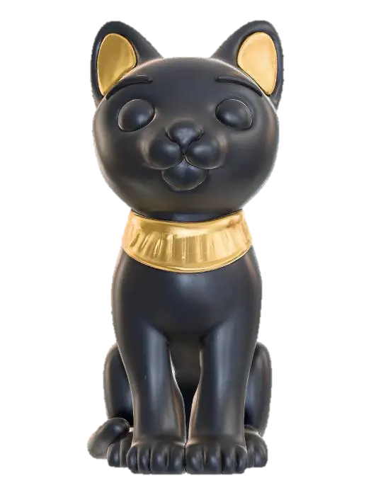 3D model for A cute, stylized 3D render of a chibi Bastet cat goddess statue, with a distinct clay model aesthetic. Her body is a smooth, matte black with rounded, adorable limbs and a graceful, seated pose. The head is simplified with charming golden-yellow ears and snout, and innocent, round eyes. The texture implies a carefully sculpted and smoothed clay figure, with soft lighting highlighting its sweet demeanor and polished finish.
