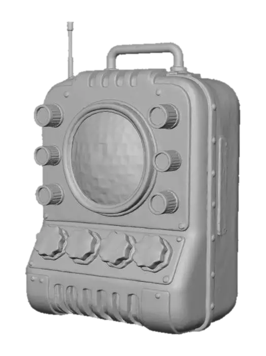 3D model for A bulky Dieselpunk communicator with a matte, deep green bakelite casing, exposed brass knobs, and a retractable copper antenna. Its display screen is designed as a bold bright yellow and magenta checkerboard pattern, with oversized, jagged-edged bright blue function buttons, exuding a retro-futuristic charm.