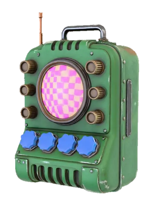 3D model for A bulky Dieselpunk communicator with a matte, deep green bakelite casing, exposed brass knobs, and a retractable copper antenna. Its display screen is designed as a bold bright yellow and magenta checkerboard pattern, with oversized, jagged-edged bright blue function buttons, exuding a retro-futuristic charm.