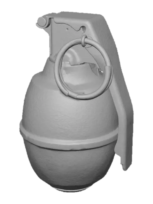 3D model for A worn Dieselpunk grenade, shaped like a small, ribbed cylinder of dark grey cast iron, with a heavy brass pin. Its surface is painted with a bold, irregular pattern of bright pink and black stripes, contrasting sharply with its destructive purpose. The metal feels rough and cold, with a tactile sense of its weight.