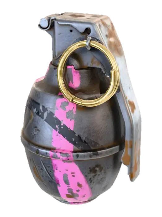 3D model for A worn Dieselpunk grenade, shaped like a small, ribbed cylinder of dark grey cast iron, with a heavy brass pin. Its surface is painted with a bold, irregular pattern of bright pink and black stripes, contrasting sharply with its destructive purpose. The metal feels rough and cold, with a tactile sense of its weight.