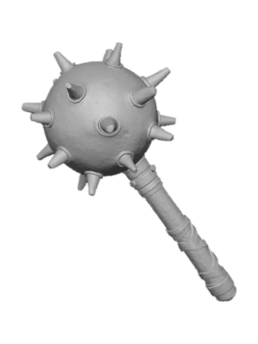 3D model for A Dieselpunk spiked mace, the head a heavy sphere of pitted, dark grey iron, covered in blunt, oxidized steel spikes. The shaft is a thick, worn wooden dowel, reinforced with brass bands. Around the mace head, a bold, asymmetrical pattern of bright magenta and black stripes is painted, with stark white zigzags, adding a playful yet aggressive aesthetic to the brutal weapon.