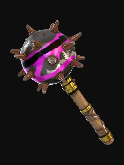 3D model for A Dieselpunk spiked mace, the head a heavy sphere of pitted, dark grey iron, covered in blunt, oxidized steel spikes. The shaft is a thick, worn wooden dowel, reinforced with brass bands. Around the mace head, a bold, asymmetrical pattern of bright magenta and black stripes is painted, with stark white zigzags, adding a playful yet aggressive aesthetic to the brutal weapon.