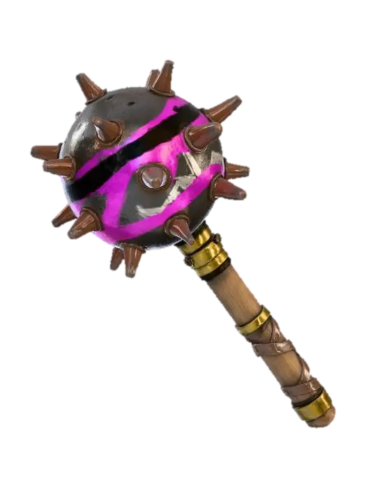 3D model for A Dieselpunk spiked mace, the head a heavy sphere of pitted, dark grey iron, covered in blunt, oxidized steel spikes. The shaft is a thick, worn wooden dowel, reinforced with brass bands. Around the mace head, a bold, asymmetrical pattern of bright magenta and black stripes is painted, with stark white zigzags, adding a playful yet aggressive aesthetic to the brutal weapon.