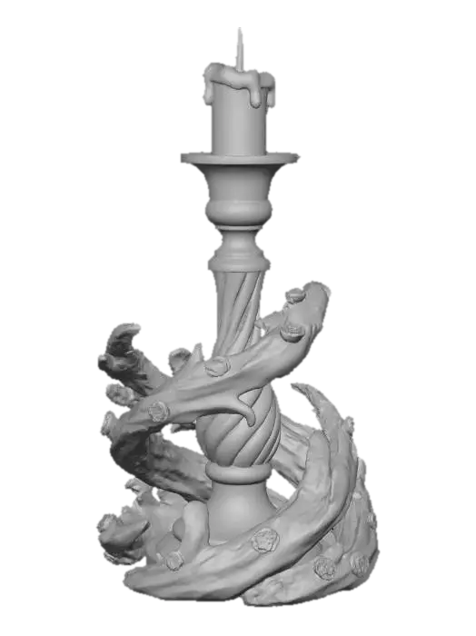 3D model for An elegant Christmas candlestick, featuring a slender, twisted base. The base is constructed from polished brass, radiating a warm, golden glow, with an antique, slightly distressed finish. Surrounding the base are intricately carved frozen wave patterns made from clear resin, designed to look exactly like solid ice. Adorning the candle holder are small, faceted amber gemstones that catch the light, adding a fiery spark to its cool, smooth metallic and icy-textured presence. #Christmas2025#