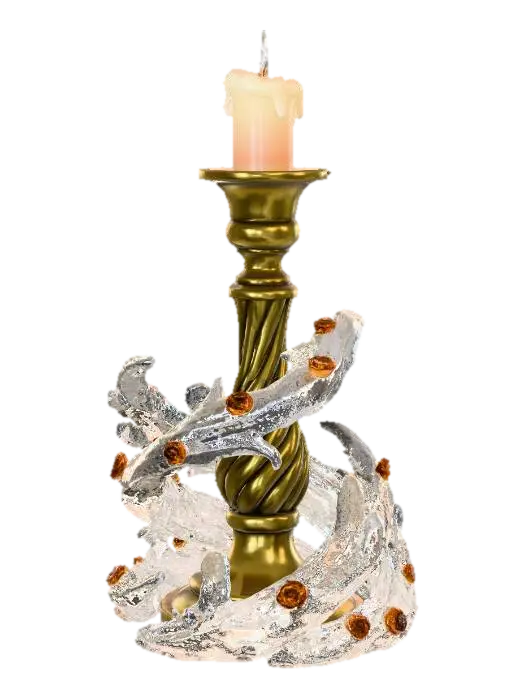 3D model for An elegant Christmas candlestick, featuring a slender, twisted base. The base is constructed from polished brass, radiating a warm, golden glow, with an antique, slightly distressed finish. Surrounding the base are intricately carved frozen wave patterns made from clear resin, designed to look exactly like solid ice. Adorning the candle holder are small, faceted amber gemstones that catch the light, adding a fiery spark to its cool, smooth metallic and icy-textured presence. #Christmas2025#