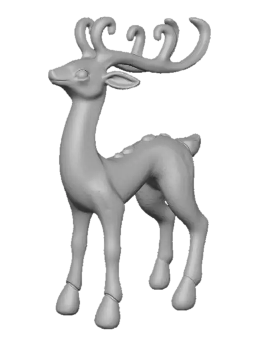 3D model for A stylized reindeer ornament, standing gracefully. Its slender body and antlers are meticulously sculpted from polished bronze, showcasing a deep, earthy sheen. Its hooves and tail are accented with delicate, translucent blue glass elements, shaped like frozen dew drops, catching and refracting light. Tiny, faceted smoky quartz gemstones are set within its eyes and along its back, adding depth and subtle sparkle, resulting in a robust, elegant figure with a smooth metallic and cool glassy texture. #Christmas2025#