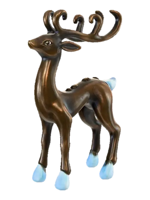 3D model for A stylized reindeer ornament, standing gracefully. Its slender body and antlers are meticulously sculpted from polished bronze, showcasing a deep, earthy sheen. Its hooves and tail are accented with delicate, translucent blue glass elements, shaped like frozen dew drops, catching and refracting light. Tiny, faceted smoky quartz gemstones are set within its eyes and along its back, adding depth and subtle sparkle, resulting in a robust, elegant figure with a smooth metallic and cool glassy texture. #Christmas2025#