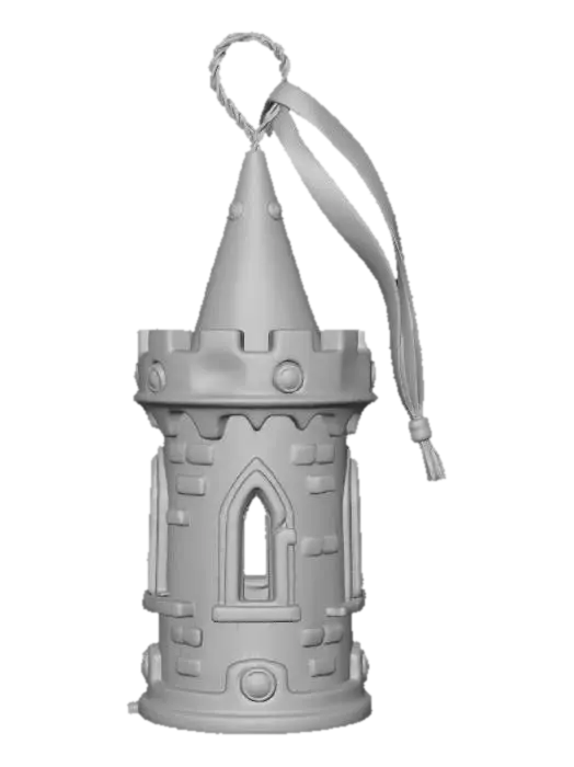 3D model for A fantastical Christmas tree ornament, shaped like a miniature castle turret. The turret walls are constructed from polished dark steel, giving it a strong, imposing appearance. Its battlements and windows are edged with fine, almost invisible clear resin, mimicking sharp, gleaming ice. Scattered throughout the structure are small, deep purple amethyst gemstones, adding royal color and sparkle. This ornament possesses a formidable yet elegant structure, with a cool, smooth metallic and subtly icy texture. #Christmas2025#