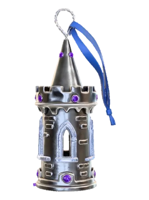 3D model for A fantastical Christmas tree ornament, shaped like a miniature castle turret. The turret walls are constructed from polished dark steel, giving it a strong, imposing appearance. Its battlements and windows are edged with fine, almost invisible clear resin, mimicking sharp, gleaming ice. Scattered throughout the structure are small, deep purple amethyst gemstones, adding royal color and sparkle. This ornament possesses a formidable yet elegant structure, with a cool, smooth metallic and subtly icy texture. #Christmas2025#