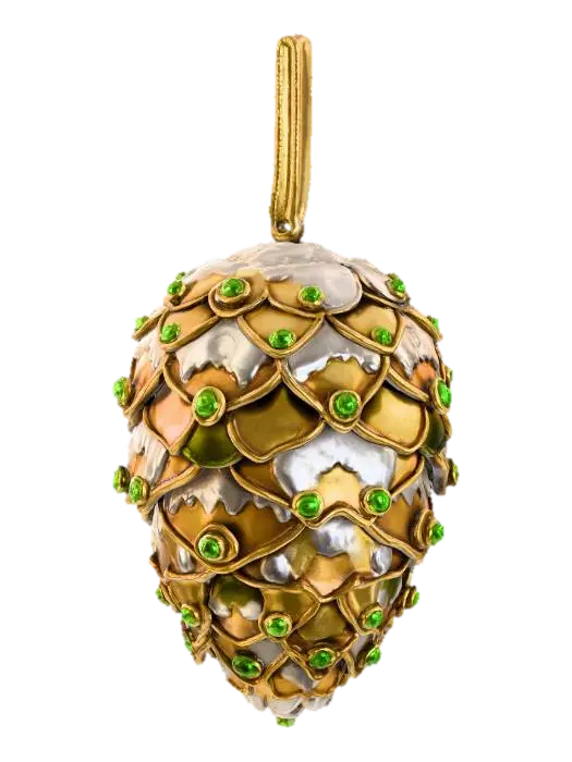 3D model for A charming Christmas pinecone ornament, crafted with meticulous detail. Its scales are fashioned from polished antique gold, giving a warm, reflective gleam. Nestled between the scales are small, irregular patches of frosted glass, mimicking delicate snow and ice. Tiny, brilliant green peridot gemstones are subtly embedded along the edges, catching the light like frozen dew. This ornament feels solid and intricate, with a compelling texture blending metallic smoothness and icy translucence. #Christmas2025#