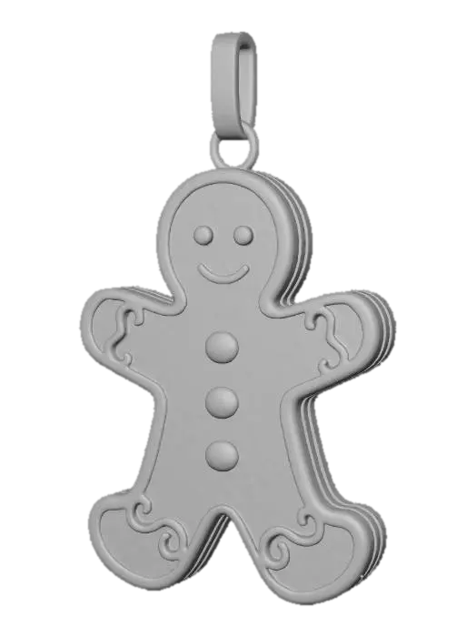 3D model for A whimsical gingerbread man ornament, stylized for elegance. Its body is outlined in polished copper, providing a warm, inviting glow. The central "gingerbread" areas are filled with panels of frosted amber-colored acrylic, resembling frozen, sugary icing. Small, round sapphire gemstones are set as buttons down its front, adding a touch of cool sparkle. This ornament presents a playful yet sophisticated appearance, with a unique blend of smooth metal and matte, icy plastic. #Christmas2025#