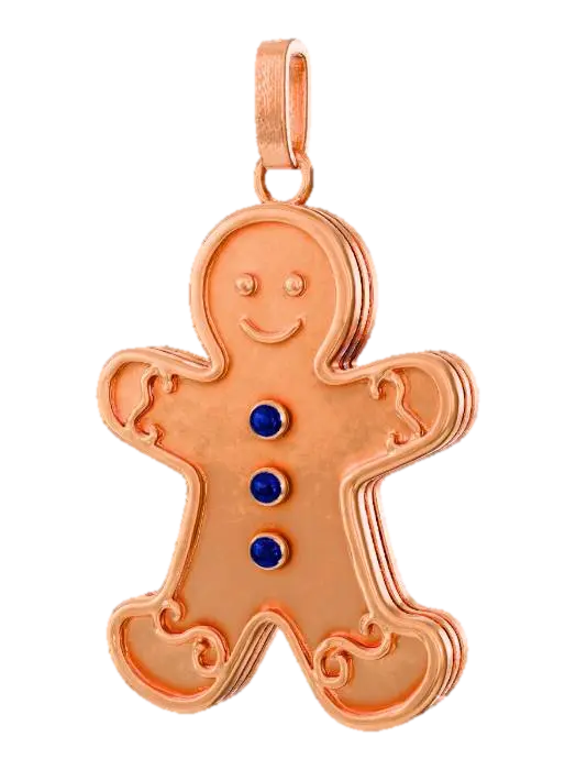 3D model for A whimsical gingerbread man ornament, stylized for elegance. Its body is outlined in polished copper, providing a warm, inviting glow. The central "gingerbread" areas are filled with panels of frosted amber-colored acrylic, resembling frozen, sugary icing. Small, round sapphire gemstones are set as buttons down its front, adding a touch of cool sparkle. This ornament presents a playful yet sophisticated appearance, with a unique blend of smooth metal and matte, icy plastic. #Christmas2025#