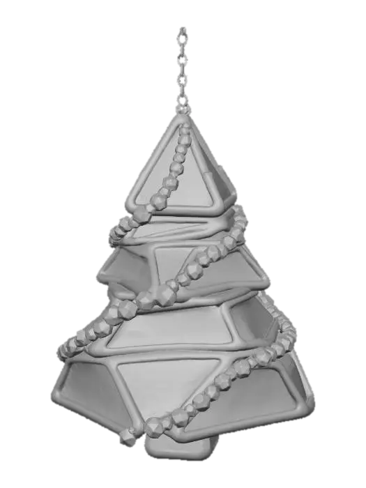 3D model for A whimsical Christmas tree-shaped ornament, composed of stacked geometric layers. Each layer is edged with polished rose gold, providing a delicate, warm metallic gleam. The flat surfaces of the tree are crafted from panels of subtly textured frosted glass, giving the appearance of icy leaves. Along one side, a cascade of small, brilliant Meshy Lime green gemstones (RGB 197, 249, 85) mimics festive lights, while the opposing side features Meshy Pink fuchsia (RGB 255, 62, 143) gems. #Christmas2025#