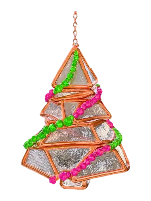 3D model for A whimsical Christmas tree-shaped ornament, composed of stacked geometric layers. Each layer is edged with polished rose gold, providing a delicate, warm metallic gleam. The flat surfaces of the tree are crafted from panels of subtly textured frosted glass, giving the appearance of icy leaves. Along one side, a cascade of small, brilliant Meshy Lime green gemstones (RGB 197, 249, 85) mimics festive lights, while the opposing side features Meshy Pink fuchsia (RGB 255, 62, 143) gems. #Christmas2025#
