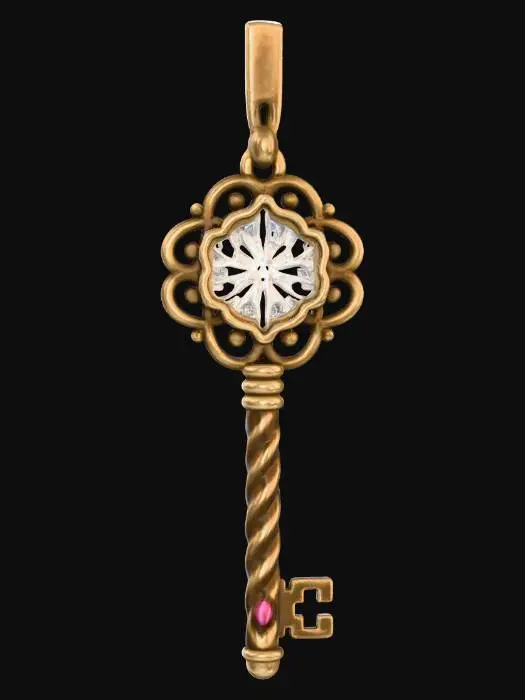 3D model for A magical Christmas key ornament, intricately designed with an ornate bow and shaft. The entire key is crafted from polished antique bronze, giving it a rich, timeless warmth. The bow of the key is filled with a delicate inlay of frosted glass, shaped like a tiny snowflake, diffusing light softly. Adorning the shaft are alternating Meshy Lime green gemstones (RGB 197, 249, 85) and Meshy Pink fuchsia gemstones (RGB 255, 62, 143), creating a charming, jewel-encrusted treasure. #Christmas2025#
