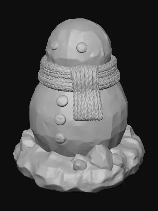 3D model for A stylized PBR 3D game asset of a snowman figurine. The body is not smooth porcelain, but chunky, rough sculpted plaster with visible hand-painted white textures and brushstrokes. The red scarf is thick, sculpted wool with exaggerated knitted weave texture. Buttons and eyes are hammered, dark metal pieces. The base is chunky, stylized snow with crystalline ice facets. Emphasize distinct material roughness, hefty feel, and dramatic rim lighting against a dark background.