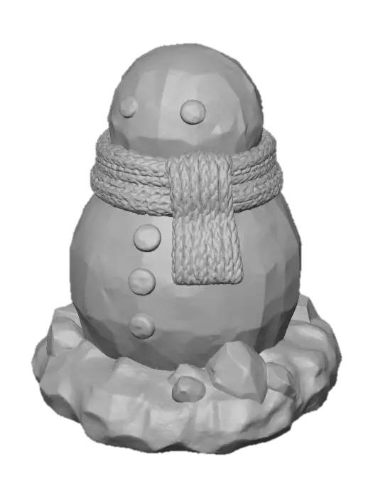 3D model for A stylized PBR 3D game asset of a snowman figurine. The body is not smooth porcelain, but chunky, rough sculpted plaster with visible hand-painted white textures and brushstrokes. The red scarf is thick, sculpted wool with exaggerated knitted weave texture. Buttons and eyes are hammered, dark metal pieces. The base is chunky, stylized snow with crystalline ice facets. Emphasize distinct material roughness, hefty feel, and dramatic rim lighting against a dark background.