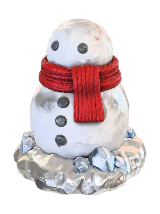 3D model for A stylized PBR 3D game asset of a snowman figurine. The body is not smooth porcelain, but chunky, rough sculpted plaster with visible hand-painted white textures and brushstrokes. The red scarf is thick, sculpted wool with exaggerated knitted weave texture. Buttons and eyes are hammered, dark metal pieces. The base is chunky, stylized snow with crystalline ice facets. Emphasize distinct material roughness, hefty feel, and dramatic rim lighting against a dark background.