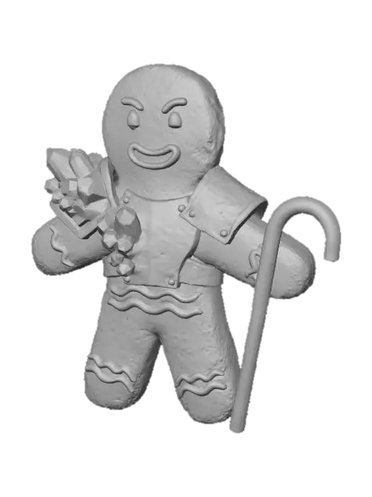 3D model for A stylized PBR 3D gingerbread man prop. It looks baked hard, with scorched edges, rough cookie texture, and raised, hand-painted royal icing details. It wears small, chunky armor plates made of hardened rock candy and hammered copper. It holds a tiny, chipped candy cane weapon. Emphasize the contrast between baked goods texture and rough metal.