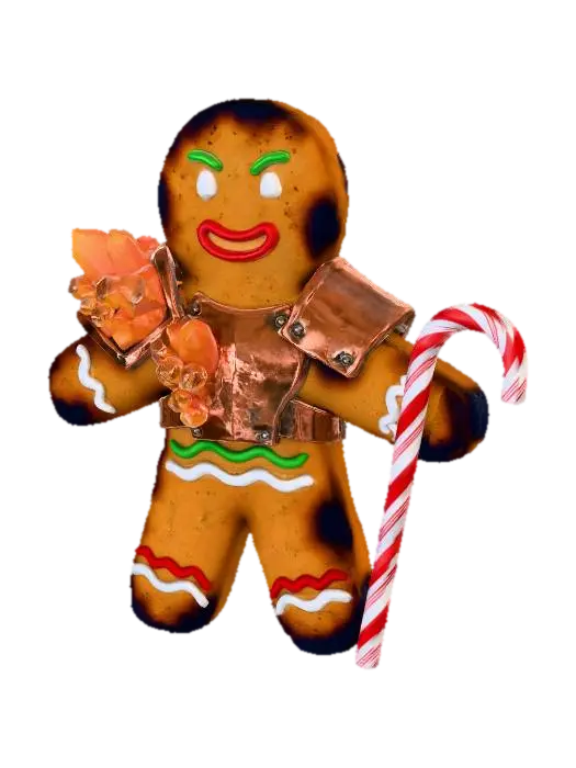 3D model for A stylized PBR 3D gingerbread man prop. It looks baked hard, with scorched edges, rough cookie texture, and raised, hand-painted royal icing details. It wears small, chunky armor plates made of hardened rock candy and hammered copper. It holds a tiny, chipped candy cane weapon. Emphasize the contrast between baked goods texture and rough metal.