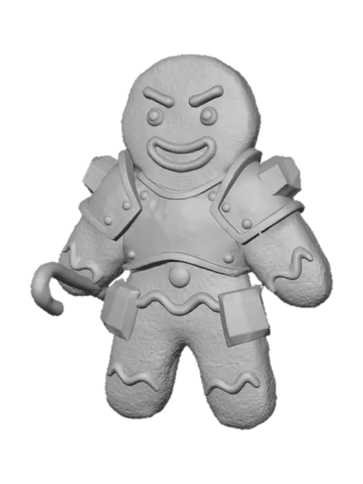 3D model for A stylized PBR 3D gingerbread man prop. It looks baked hard, with scorched edges, rough cookie texture, and raised, hand-painted royal icing details. It wears small, chunky armor plates made of hardened rock candy and hammered copper. It holds a tiny, chipped candy cane weapon. Emphasize the contrast between baked goods texture and rough metal.