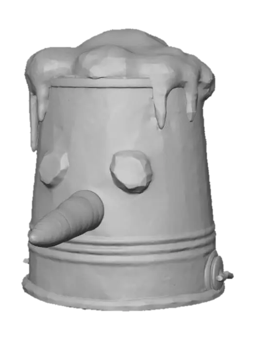 3D model for A stylized PBR 3D game asset, a makeshift helmet. It is an overturned rusty metal bucket, capped with a pile of snow. A goofy face is made from stuck-on black coal lumps, and the nose is a real orange carrot sticking out of the bucket. Melting icicles hang from the rim. Humorous, textured metal and organic snow.