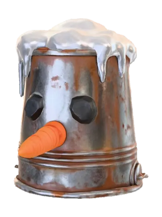 3D model for A stylized PBR 3D game asset, a makeshift helmet. It is an overturned rusty metal bucket, capped with a pile of snow. A goofy face is made from stuck-on black coal lumps, and the nose is a real orange carrot sticking out of the bucket. Melting icicles hang from the rim. Humorous, textured metal and organic snow.